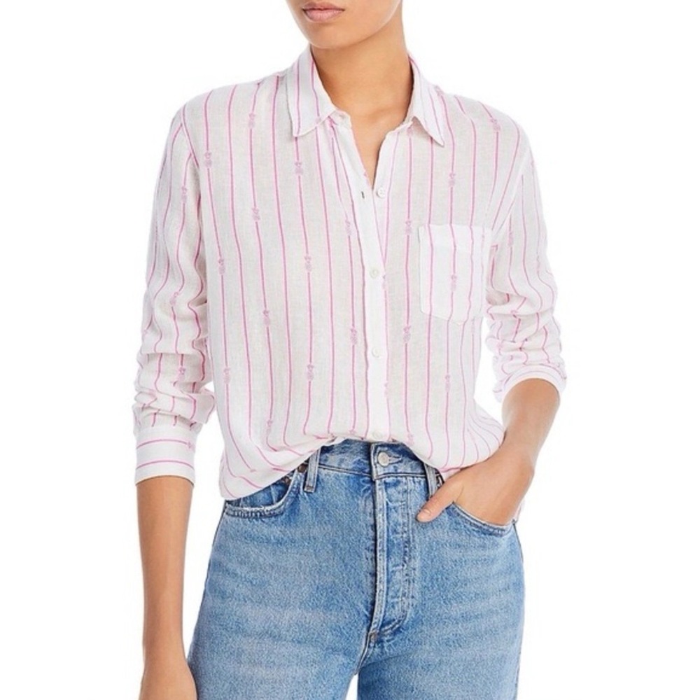 Rails Button Down Shirt M White Pink Striped‎ Pineapple Linen Blend Long Sleeve